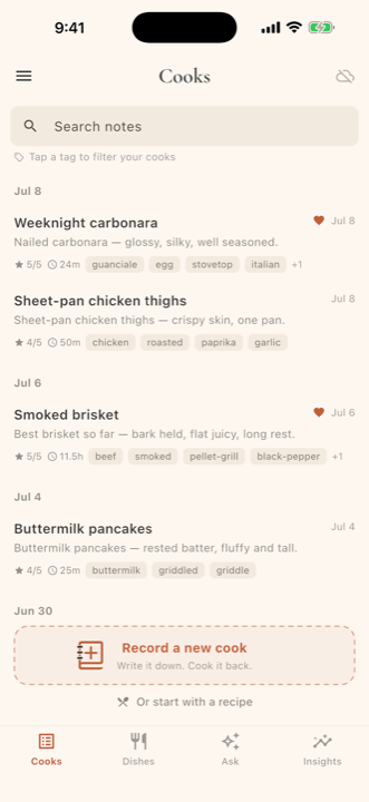 The Cooks screen: a dated list of cook notes with ratings, times, and tags