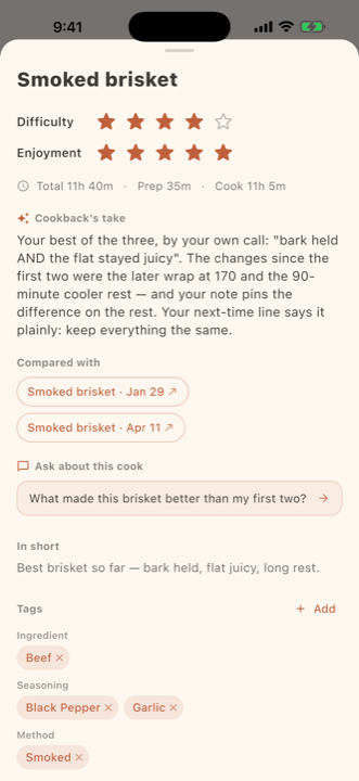Cookback's recap of a brisket cook, grounded in the cook's own notes